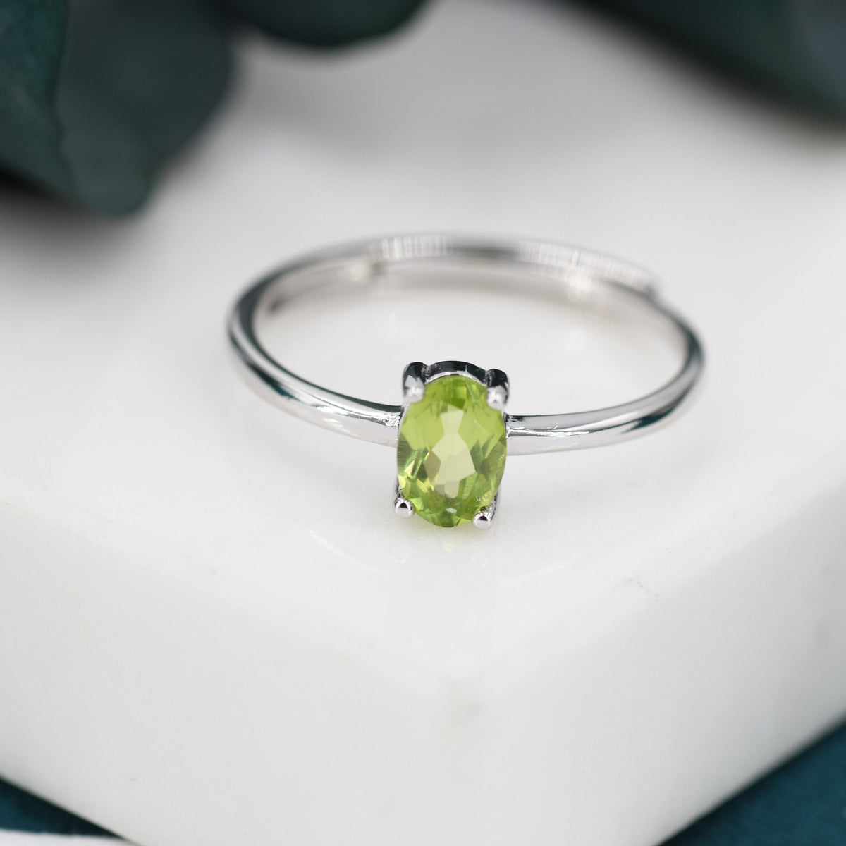 Natural Green Peridot Oval Ring in Sterling Silver, 4x6mm, Prong Set Oval Cut, Adjustable Size, Genuine Peridot Ring, August Birthstone