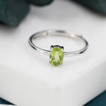 Natural Green Peridot Oval Ring in Sterling Silver, 4x6mm, Prong Set Oval Cut, Adjustable Size, Genuine Peridot Ring, August Birthstone