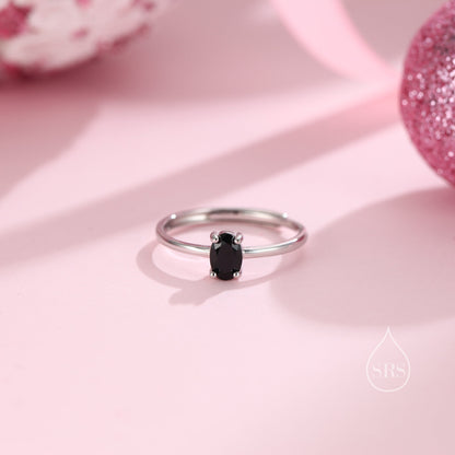 Natural Black Onyx Oval Ring in Sterling Silver,  4x6mm, Prong Set Oval Cut, Adjustable Size, Genuine Black Onyx Ring