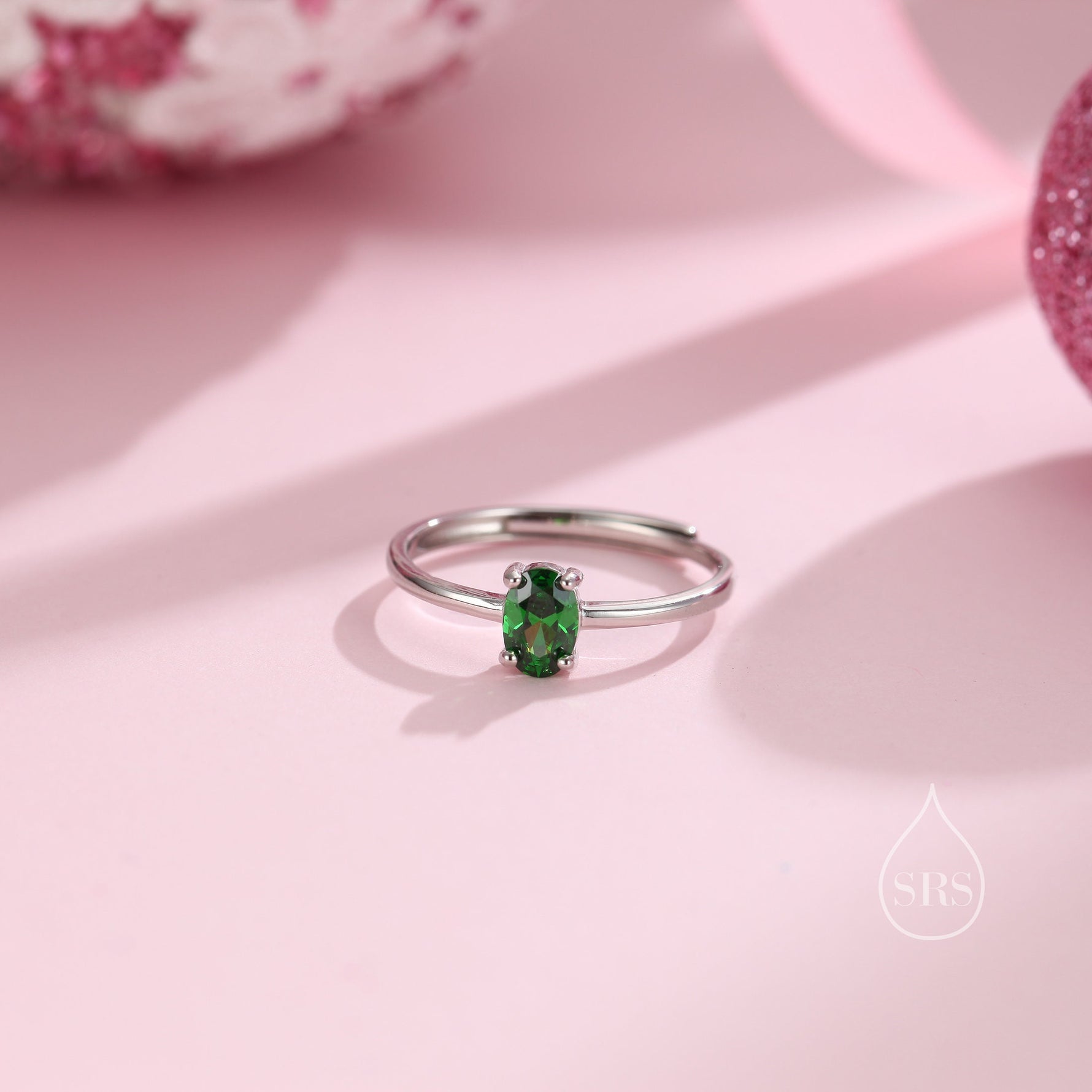 Created Green Emerald Oval Ring in Sterling Silver, 4x6mm, Prong Set Oval Cut, Adjustable Size, Lab Emerald Ring, May Birthstone