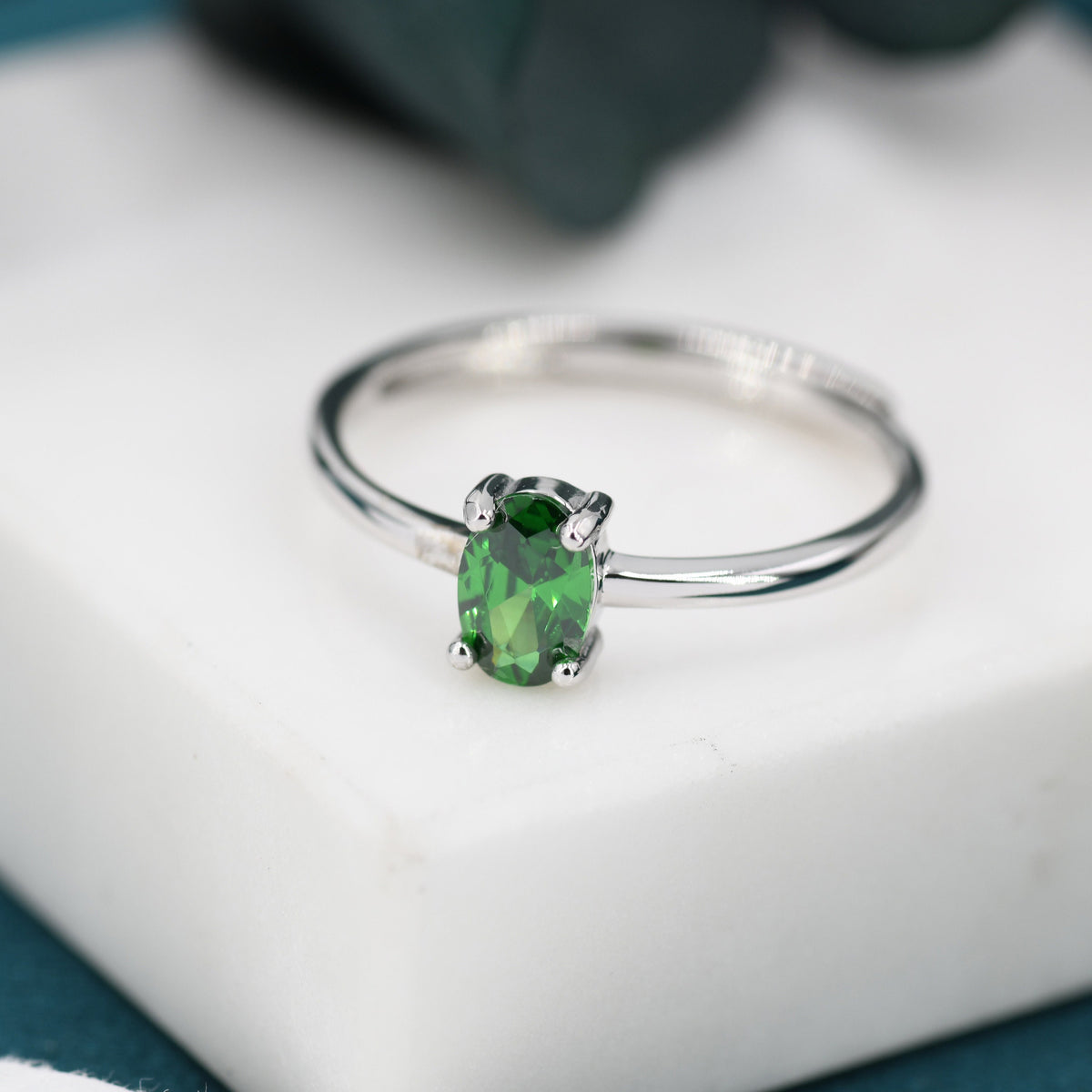 Created Green Emerald Oval Ring in Sterling Silver, 4x6mm, Prong Set Oval Cut, Adjustable Size, Lab Emerald Ring, May Birthstone
