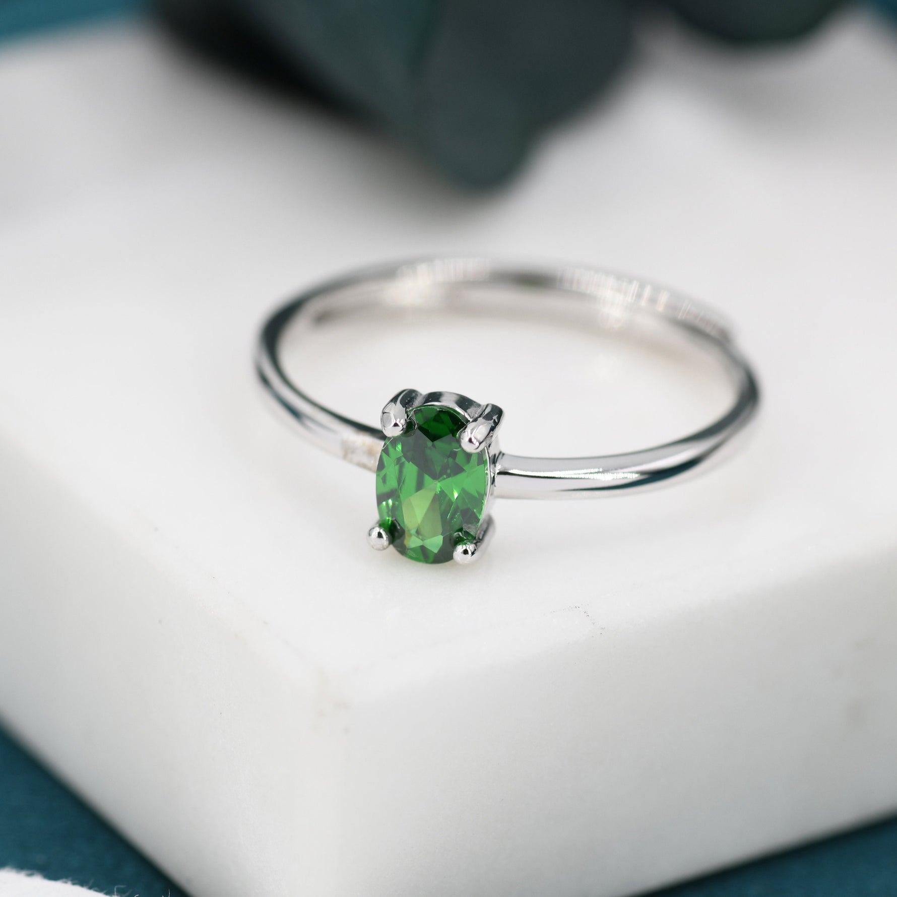 Created Green Emerald Oval Ring in Sterling Silver, 4x6mm, Prong Set Oval Cut, Adjustable Size, Lab Emerald Ring, May Birthstone
