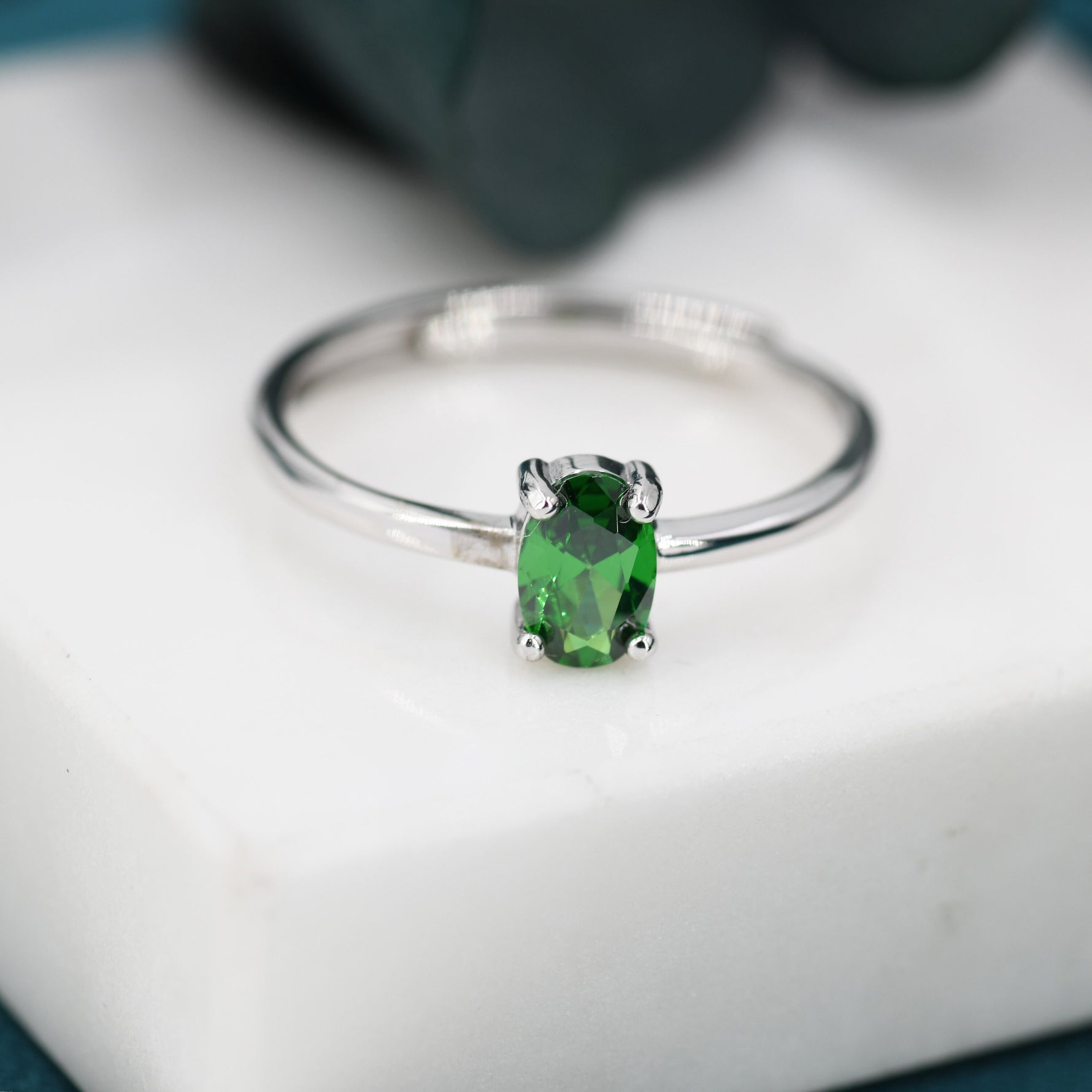 Created Green Emerald Oval Ring in Sterling Silver, 4x6mm, Prong Set Oval Cut, Adjustable Size, Lab Emerald Ring, May Birthstone