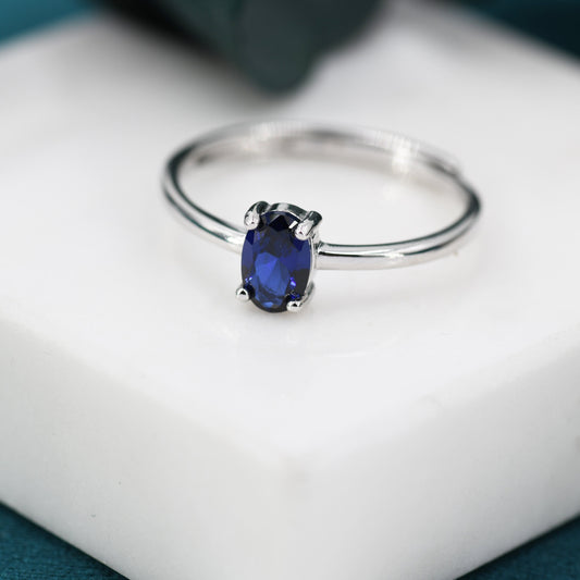 Created Blue Sapphire Oval Ring in Sterling Silver,  4x6mm, Prong Set Oval Cut, Adjustable Size, Blue Corundum Ring, September Birthstone