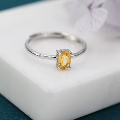 Natural Citrine Oval Ring in Sterling Silver,  4x6mm, Prong Set Oval Cut, Adjustable Size, Genuine Citrine Ring, November Birthstone