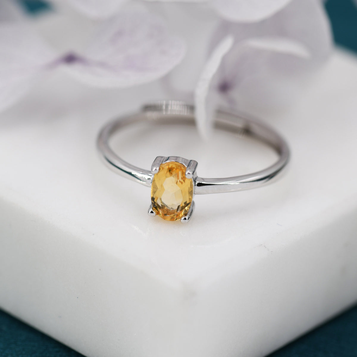 Natural Citrine Oval Ring in Sterling Silver, 4x6mm, Prong Set Oval Cut, Adjustable Size, Genuine Citrine Ring, November Birthstone