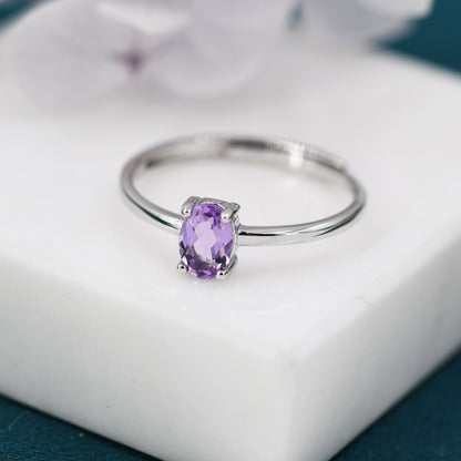 Natural Amethyst Oval Ring in Sterling Silver,  4x6mm, Prong Set Oval Cut, Adjustable Size, Genuine Amethyst Ring, February Birthstone