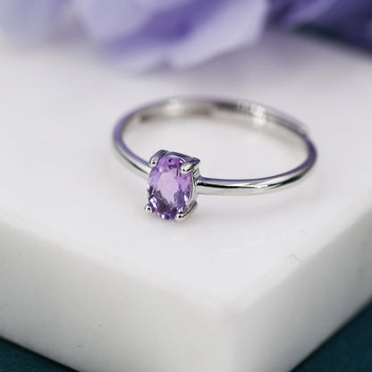 Natural Amethyst Oval Ring in Sterling Silver,  4x6mm, Prong Set Oval Cut, Adjustable Size, Genuine Amethyst Ring, February Birthstone