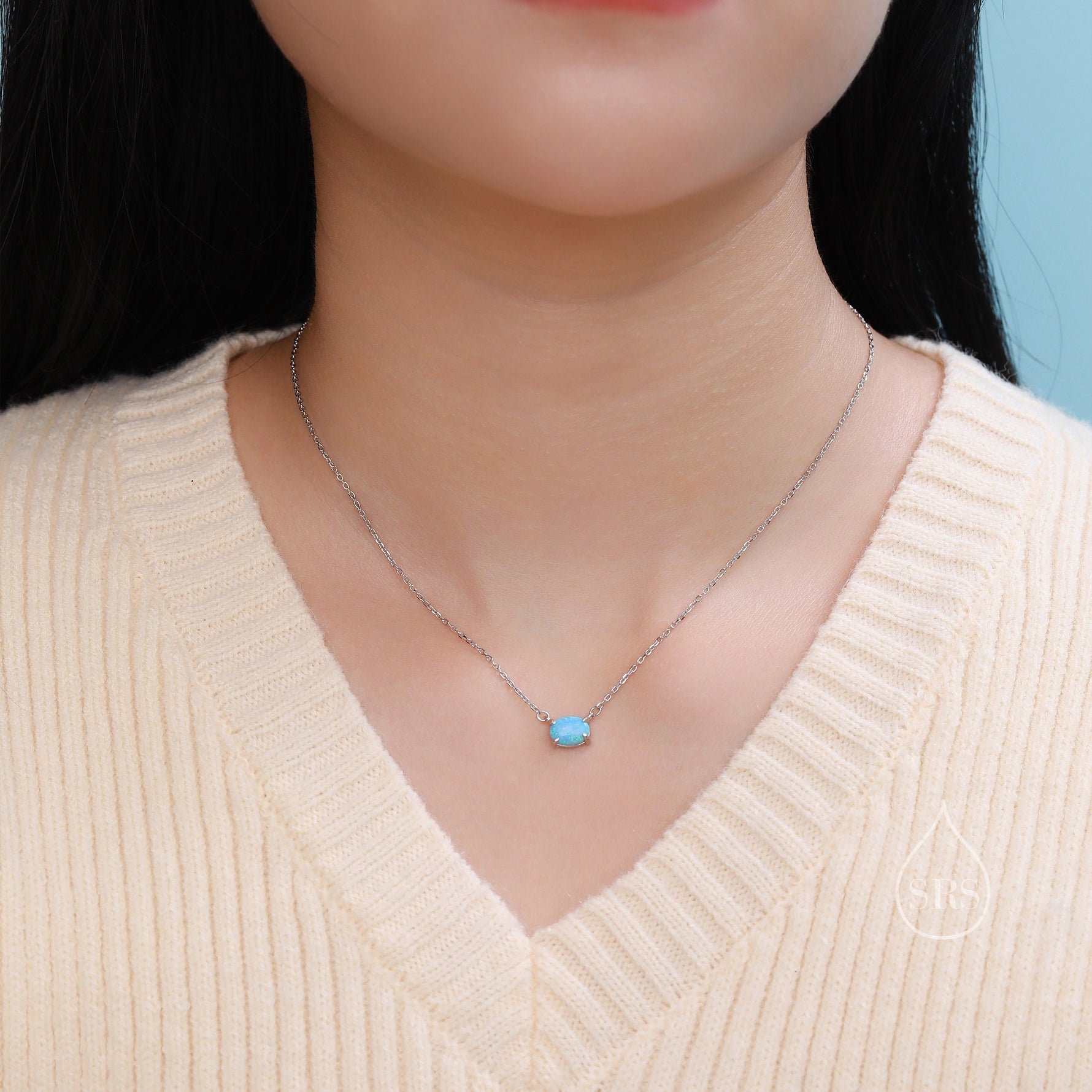 Blue Opal Oval Necklace in Sterling Silver, Dainty Lab Oval Cabochon Necklace, October Birthstone