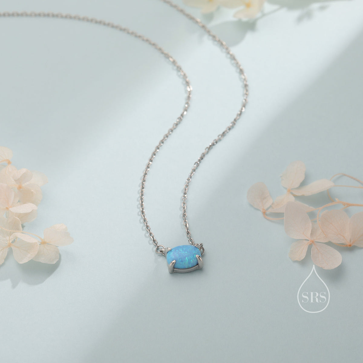 Blue Opal Oval Necklace in Sterling Silver, Dainty Lab Oval Cabochon Necklace, October Birthstone