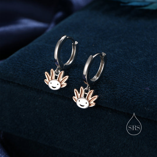 Axolotl Huggie Hoop Earrings in Sterling Silver - Sea Creature Dangle Drop Earrings - Pet Lover - Cute, Fun, Whimsical