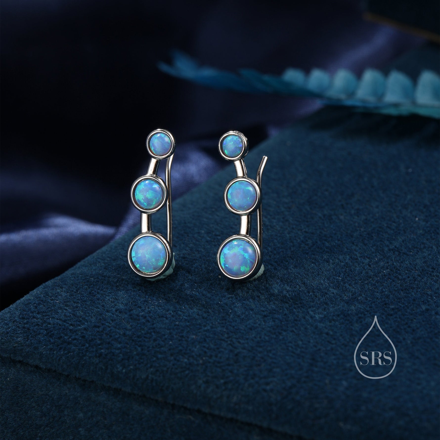 Blue Opal Trio Crawler Earrings in Sterling Silver, Opal Ear Climbers, Silver or Gold, Lab Opal Earrings