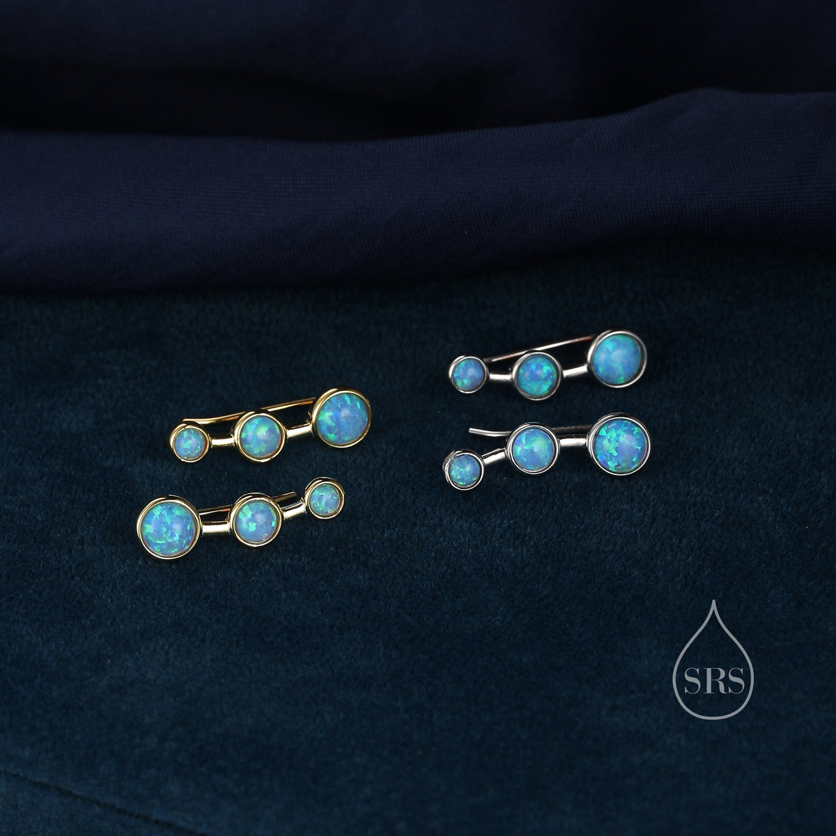 Blue Opal Trio Crawler Earrings in Sterling Silver, Opal Ear Climbers, Silver or Gold, Lab Opal Earrings