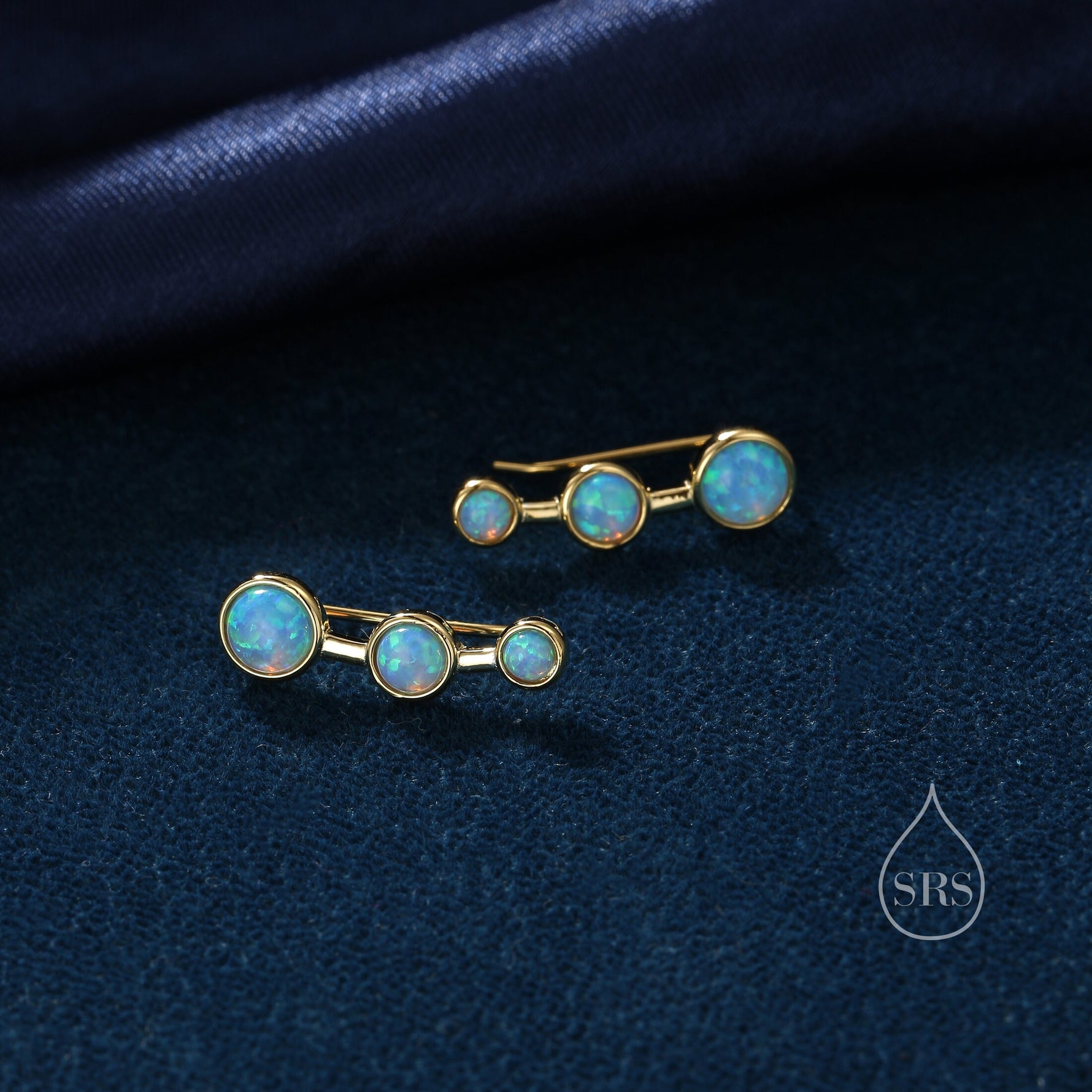 Blue Opal Trio Crawler Earrings in Sterling Silver, Opal Ear Climbers, Silver or Gold, Lab Opal Earrings