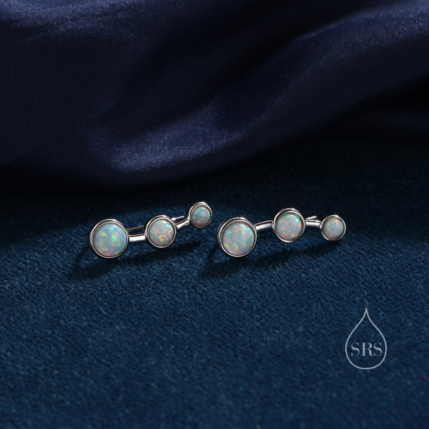 White Opal Trio Crawler Earrings in Sterling Silver, Fire Opal Ear Climbers, Silver or Gold, Lab Opal Earrings