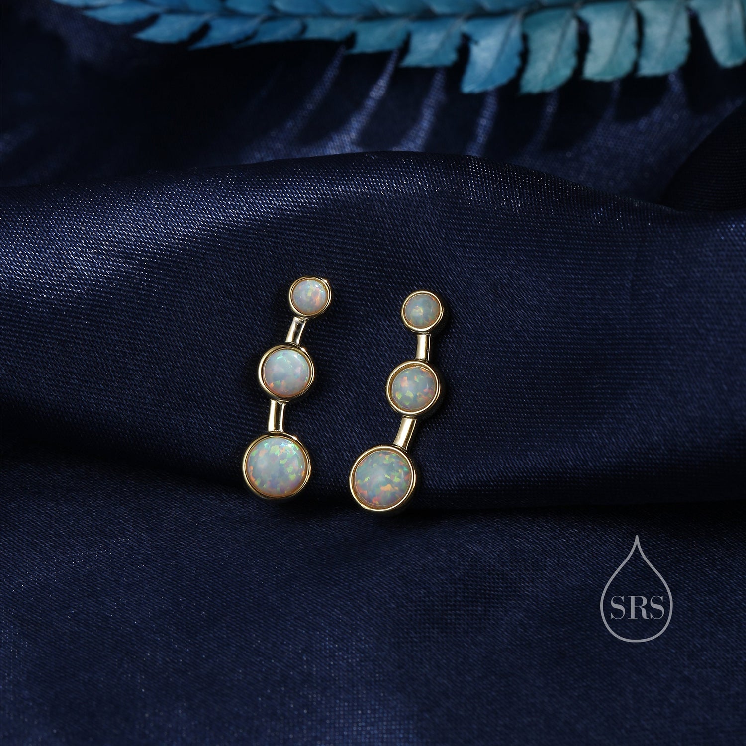White Opal Trio Crawler Earrings in Sterling Silver, Fire Opal Ear Climbers, Silver or Gold, Lab Opal Earrings