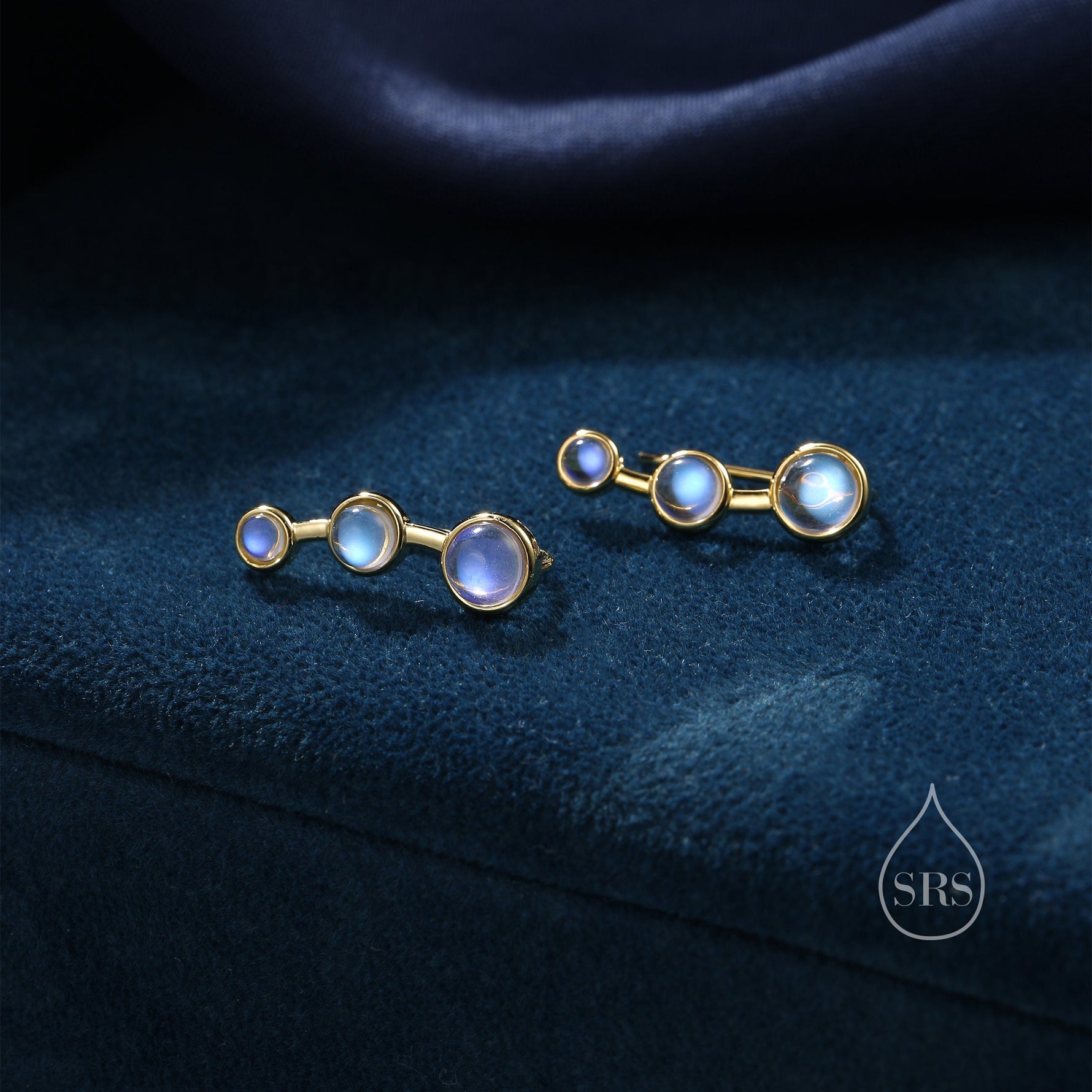 Moonstone Trio Crawler Earrings in Sterling Silver, Simulated Moonstone Ear Climbers, Silver or Gold, Lab Moonstone Earrings
