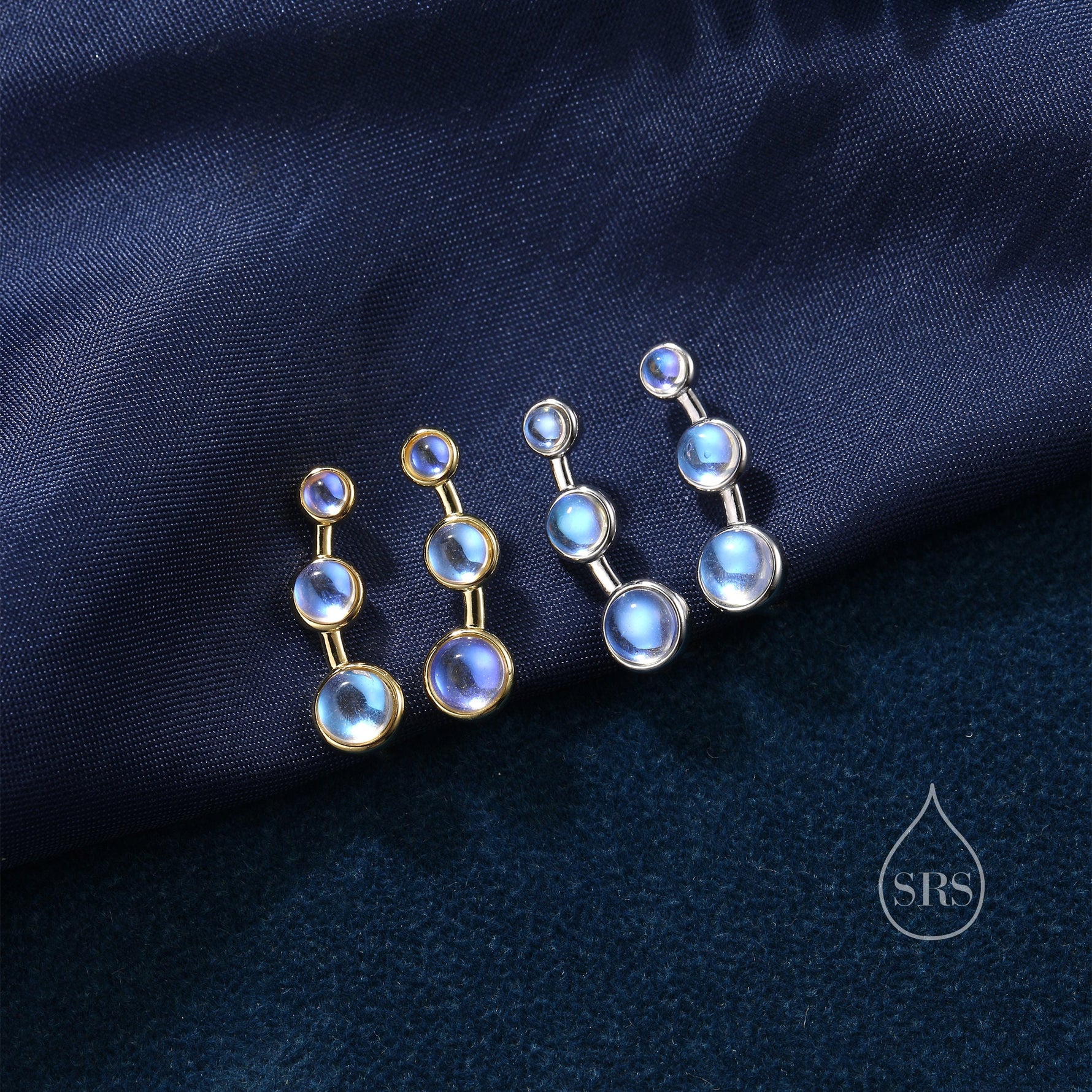 Moonstone Trio Crawler Earrings in Sterling Silver, Simulated Moonstone Ear Climbers, Silver or Gold, Lab Moonstone Earrings