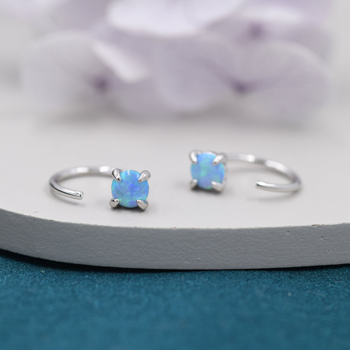 Blue Opal Huggie Hoop Earrings in Sterling Silver, 3mm or 4mm Tiny Opal Open Hoop Earrings, Opal Pull Through Threaders, Half Hoops,