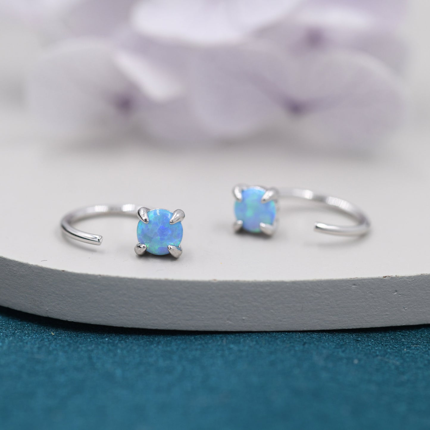 Blue Opal Huggie Hoop Earrings in Sterling Silver, 3mm or 4mm Tiny Opal Open Hoop Earrings, Opal Pull Through Threaders, Half Hoops,