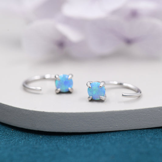 Blue Opal Huggie Hoop Earrings in Sterling Silver, 3mm or 4mm Tiny Opal Open Hoop Earrings, Opal Pull Through Threaders, Half Hoops,