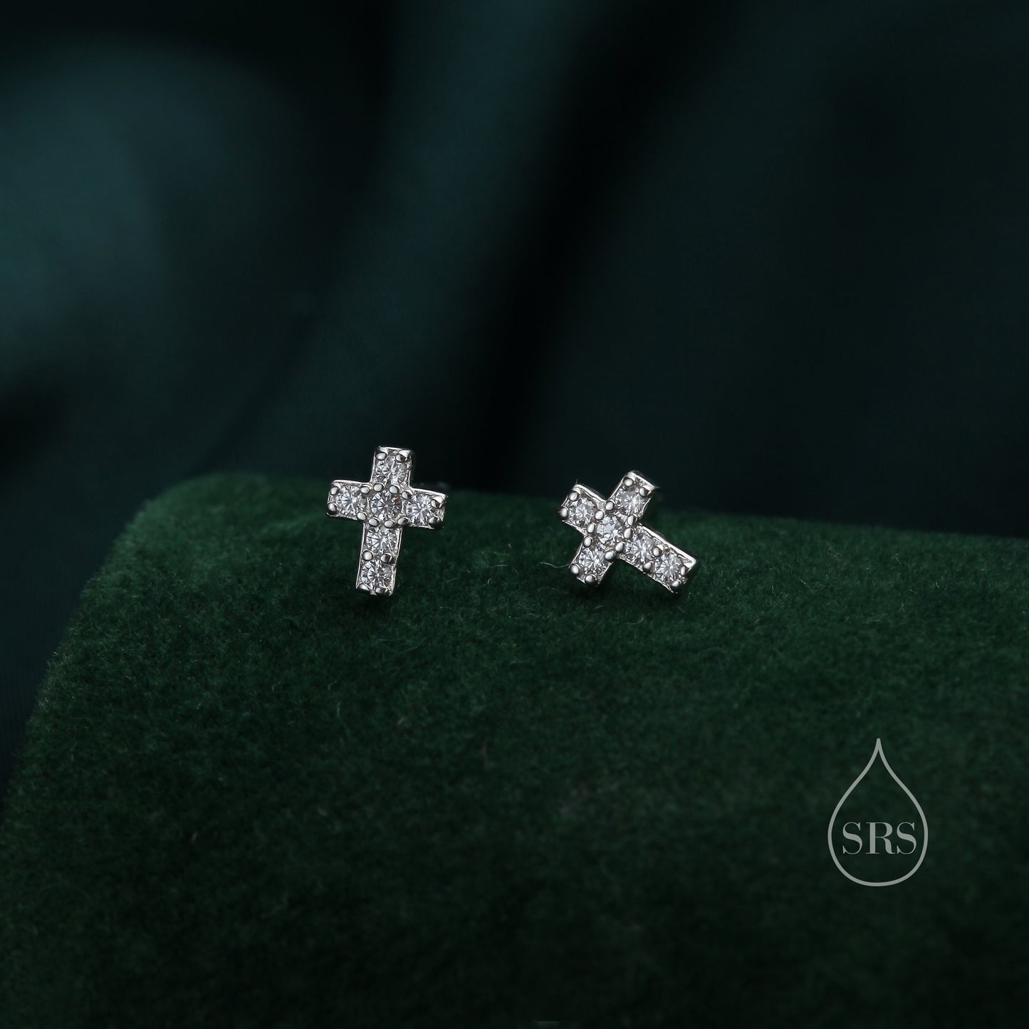 Very Tiny Cross Stud Earrings in Sterling Silver with CZ crystals, Crystal Pave Cross Earrings, Tiny Cross Stud