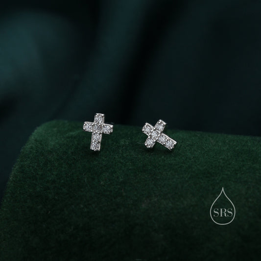 Very Tiny Cross Stud Earrings in Sterling Silver with CZ crystals, Crystal Pave Cross Earrings, Tiny Cross Stud