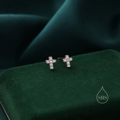 Very Tiny Cross Stud Earrings in Sterling Silver with CZ crystals, Crystal Pave Cross Earrings, Tiny Cross Stud