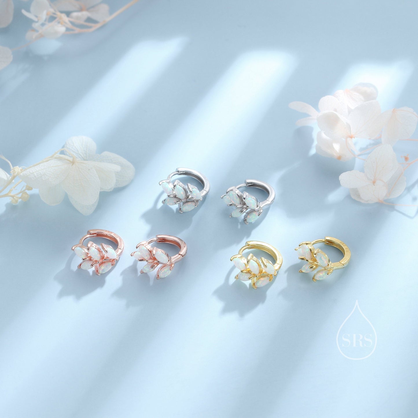 Opal Leaf Huggie Hoop Earrings in Sterling Silver, Silver or Gold or Rose Gold, White Opal Marquise or Green Opal Hoop Earrings