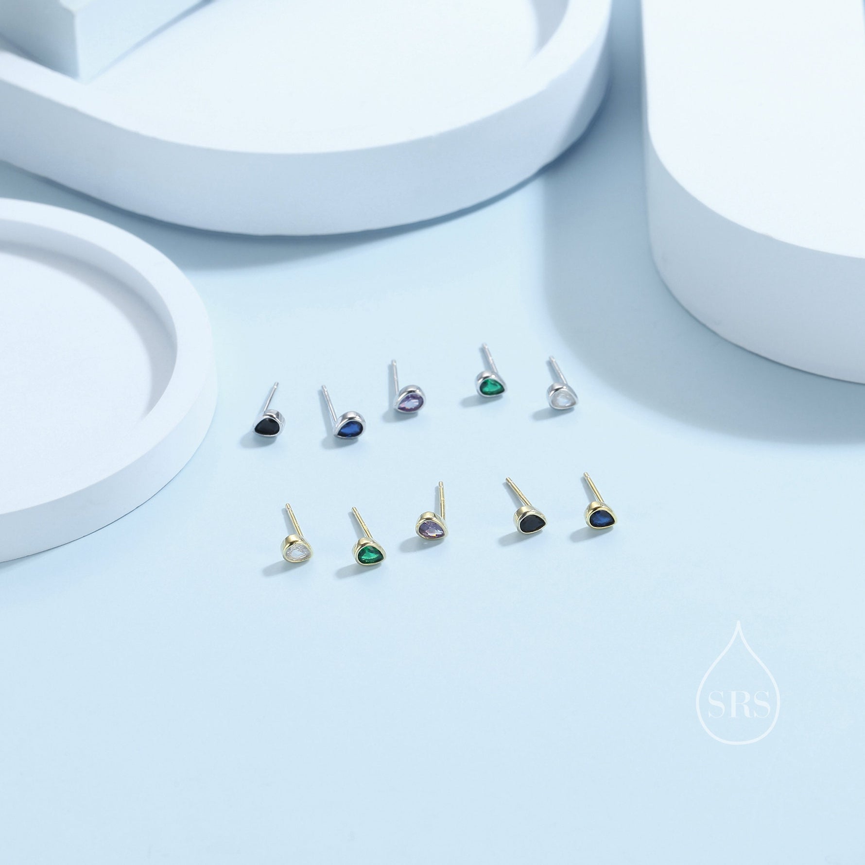 Extra Tiny CZ Droplet Stud Earrings in Sterling Silver, Silver or Gold, 5 colors