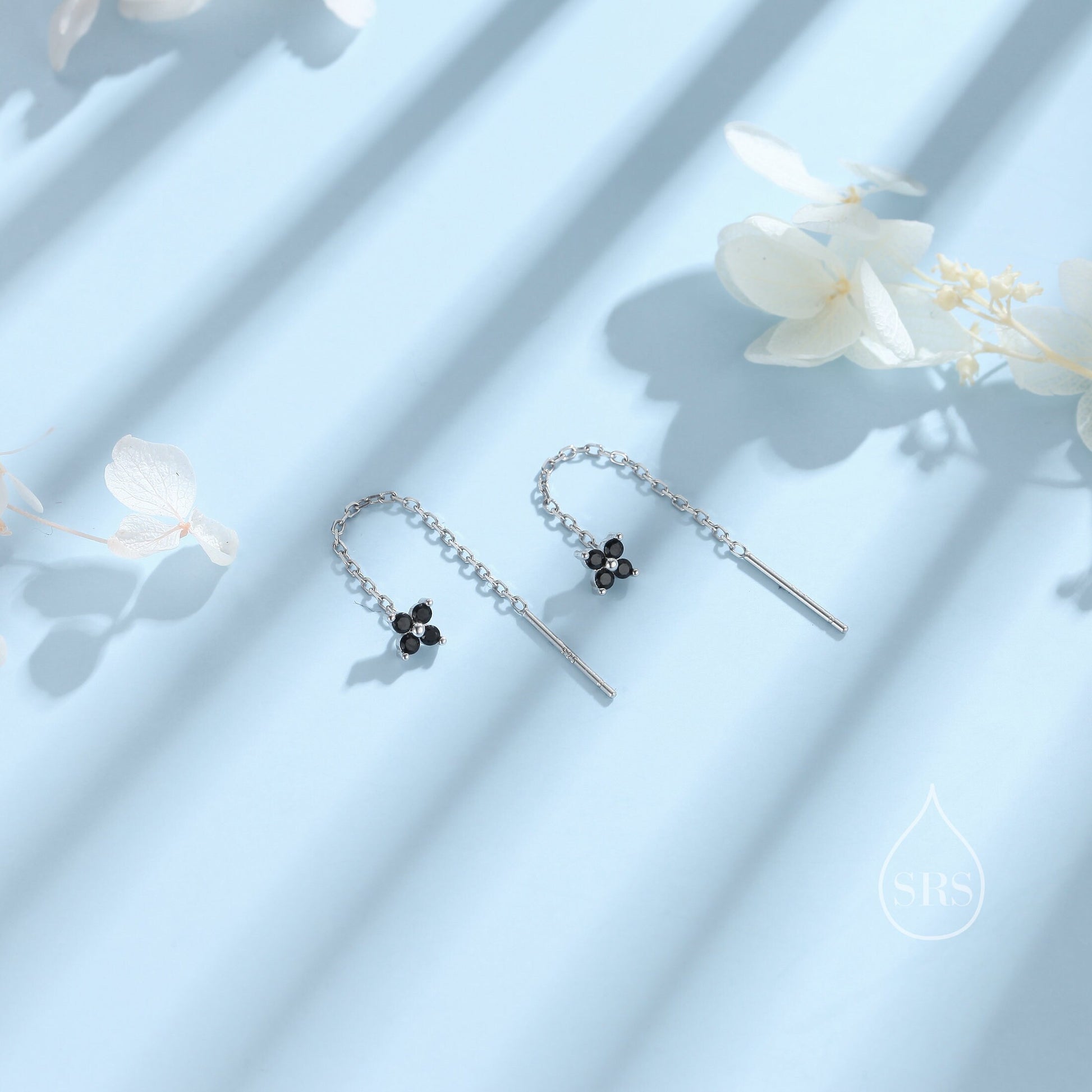 Black Hydrangea Flower CZ Threader Earrings in Sterling Silver, Silver or Gold, Four Dot Crystal Ear Threaders, Flower CZ Earrings