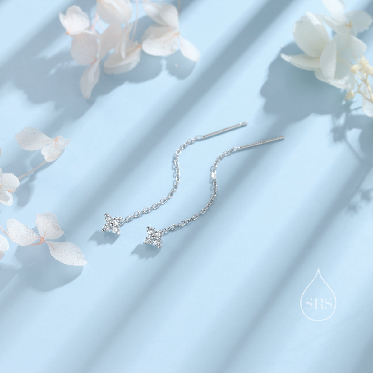 Hydrangea Flower CZ Threader Earrings in Sterling Silver, Silver or Gold, Four Dot Crystal Ear Threaders, Flower CZ Earrings