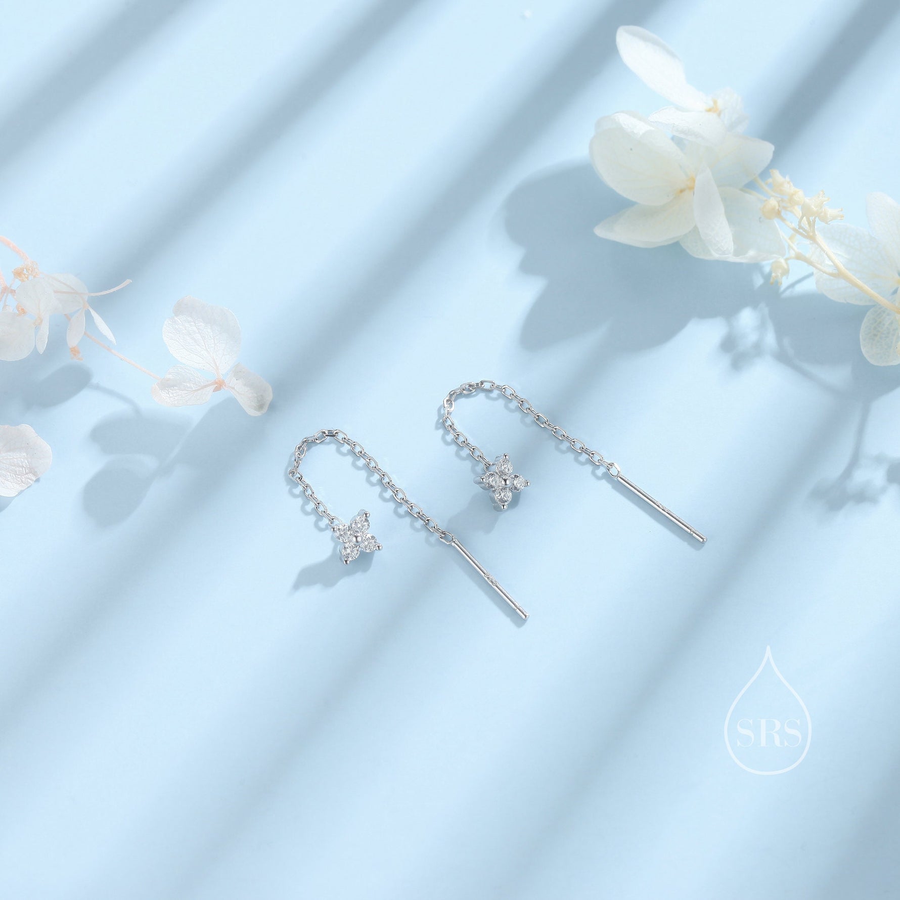 Hydrangea Flower CZ Threader Earrings in Sterling Silver, Silver or Gold, Four Dot Crystal Ear Threaders, Flower CZ Earrings