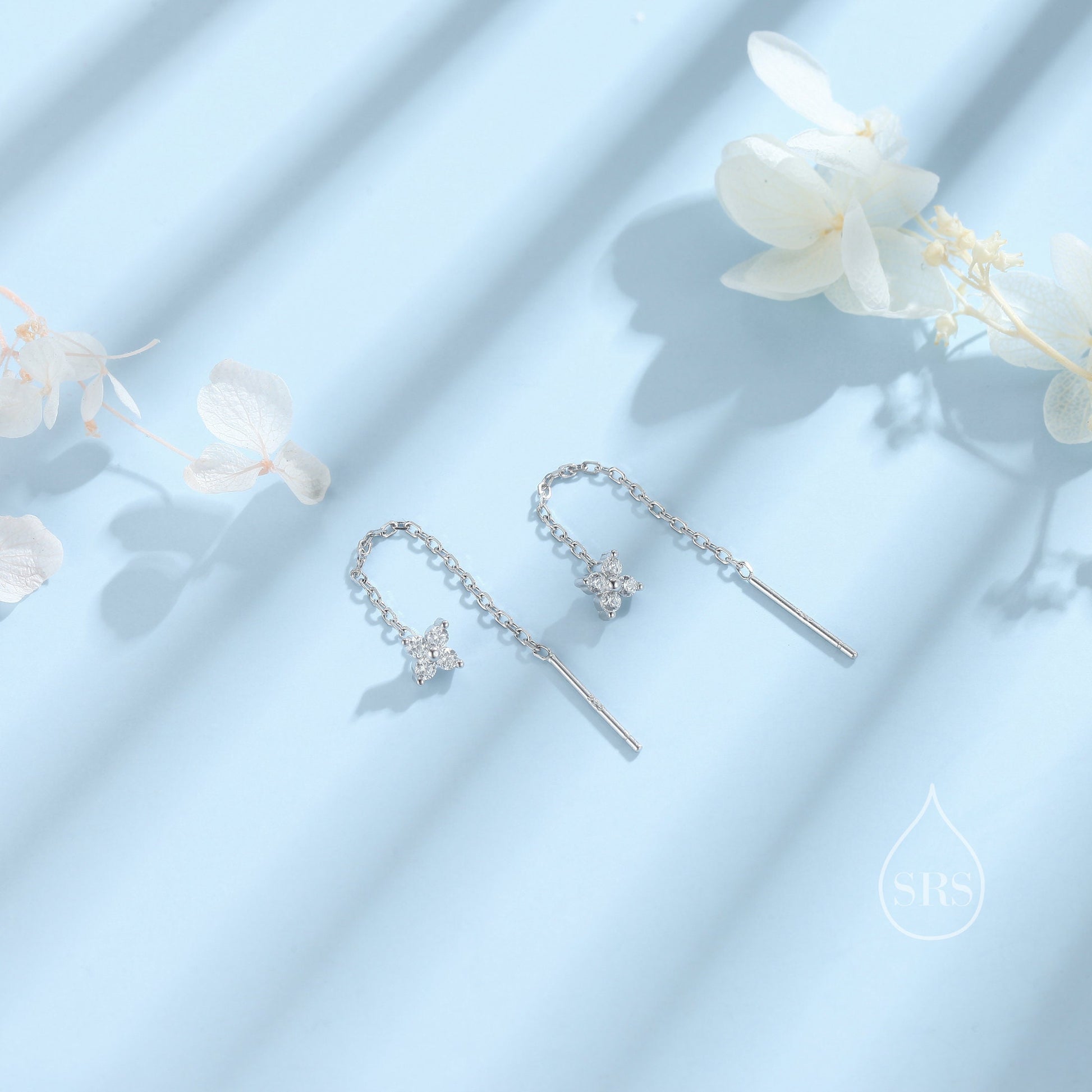 Hydrangea Flower CZ Threader Earrings in Sterling Silver, Silver or Gold, Four Dot Crystal Ear Threaders, Flower CZ Earrings