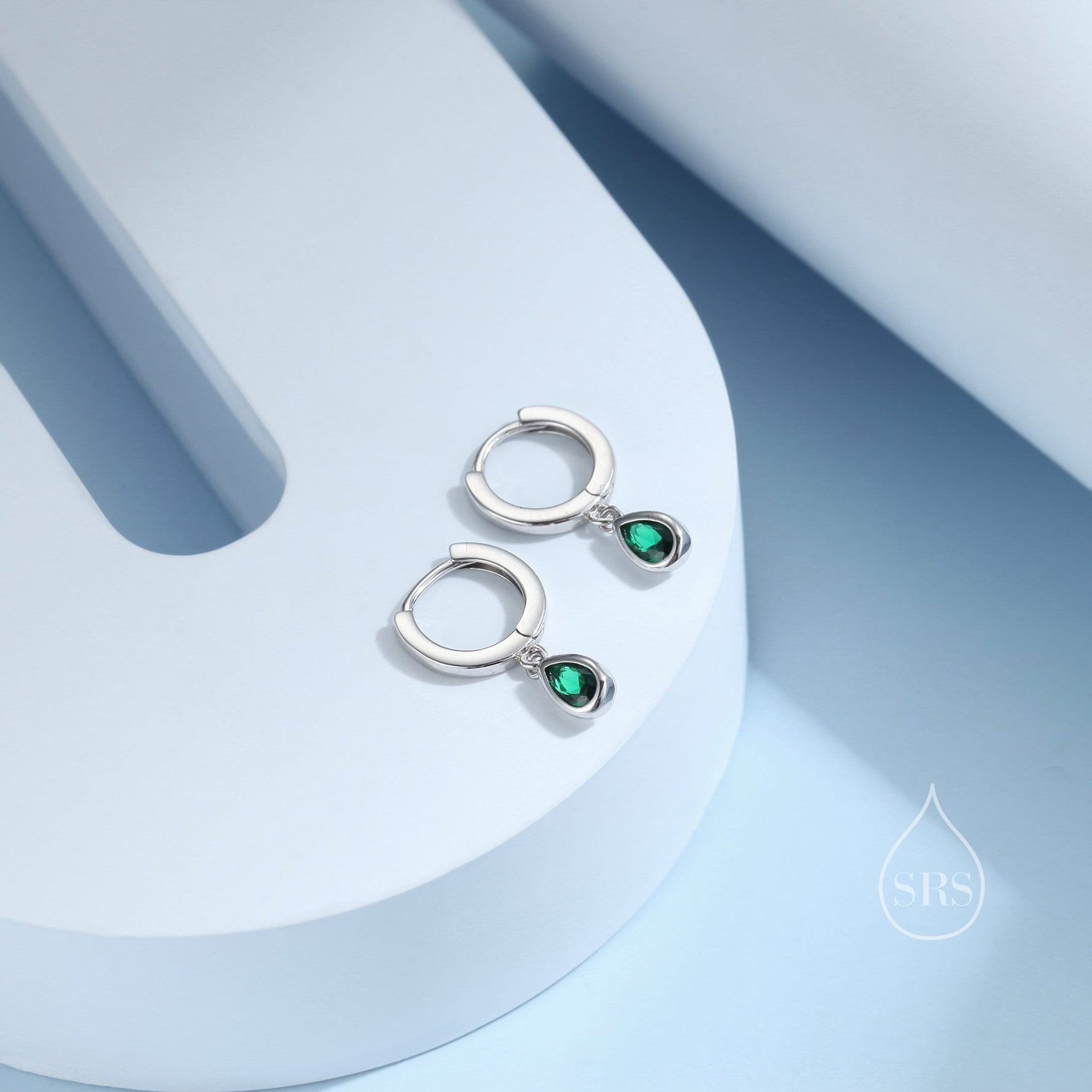 Tiny Emerald Green Droplet CZ Huggie Hoop Earrings in Sterling Silver, Silver or Gold, Geometric Hoop Earrings