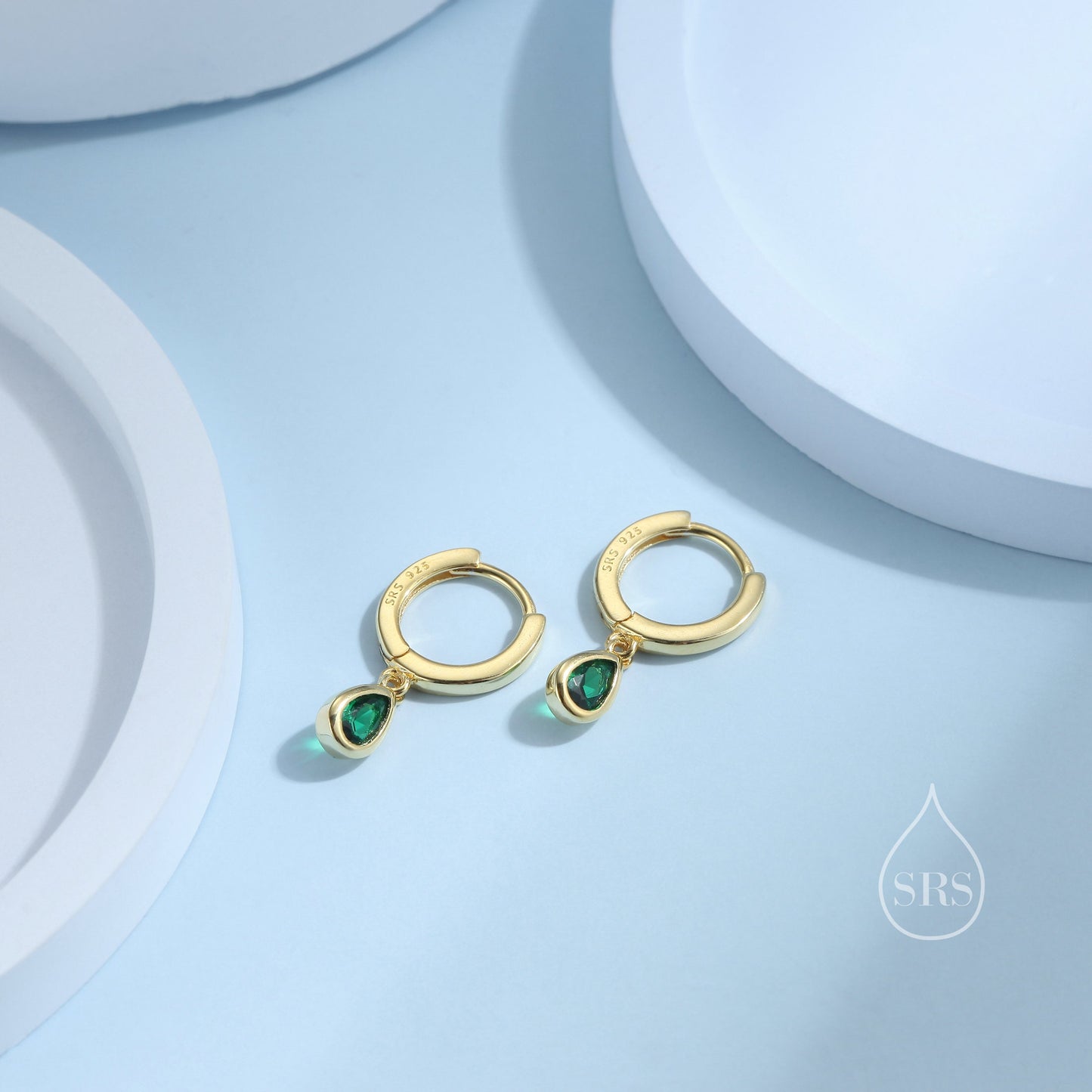 Tiny Emerald Green Droplet CZ Huggie Hoop Earrings in Sterling Silver, Silver or Gold, Geometric Hoop Earrings