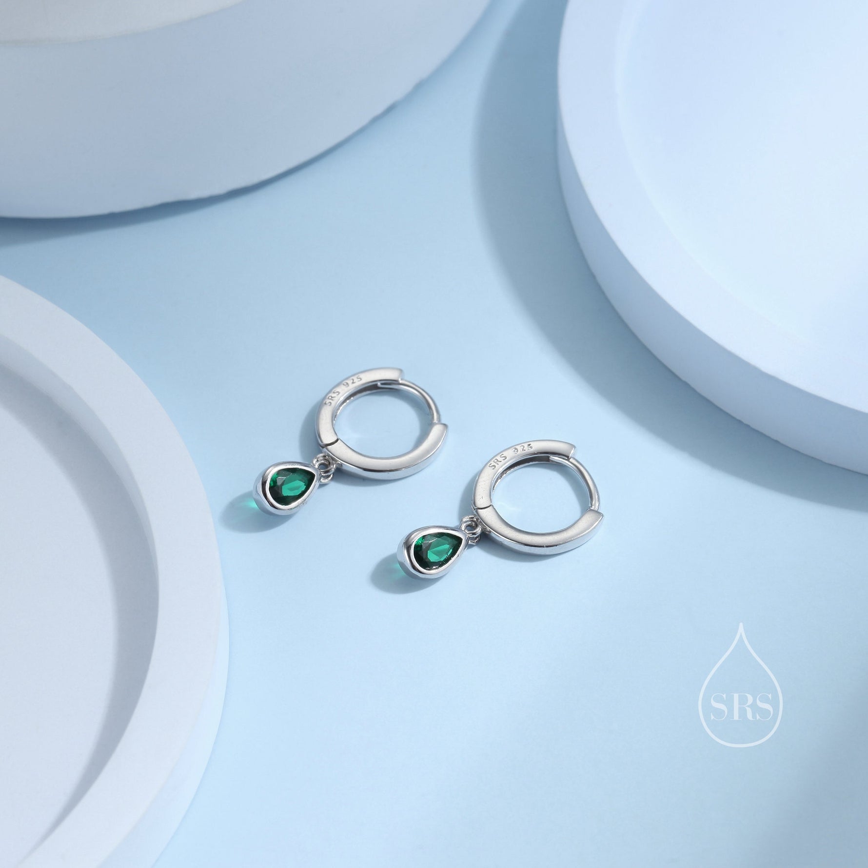Tiny Emerald Green Droplet CZ Huggie Hoop Earrings in Sterling Silver, Silver or Gold, Geometric Hoop Earrings