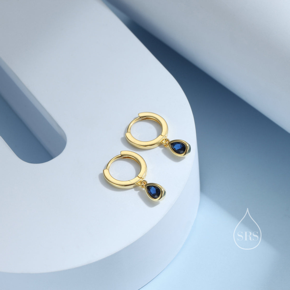 Tiny Sapphire Blue Droplet CZ Huggie Hoop Earrings in Sterling Silver, Silver or Gold, Geometric Hoop Earrings