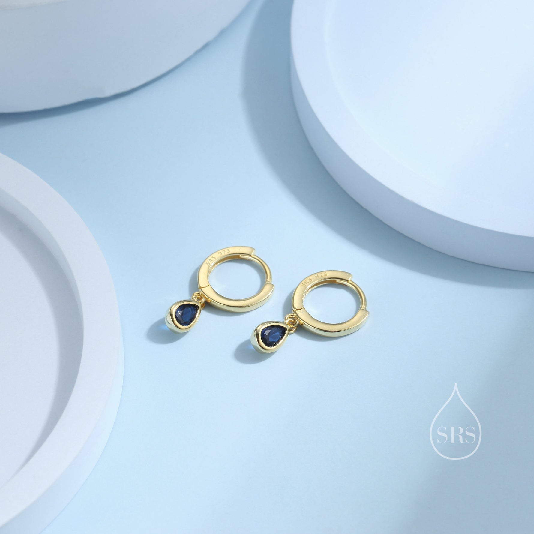 Tiny Sapphire Blue Droplet CZ Huggie Hoop Earrings in Sterling Silver, Silver or Gold, Geometric Hoop Earrings
