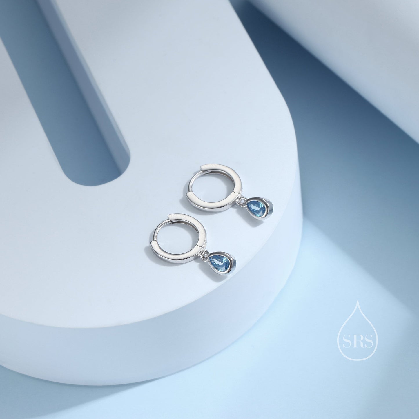 Tiny Aquamarine Blue Droplet CZ Huggie Hoop Earrings in Sterling Silver, Geometric Hoop Earrings