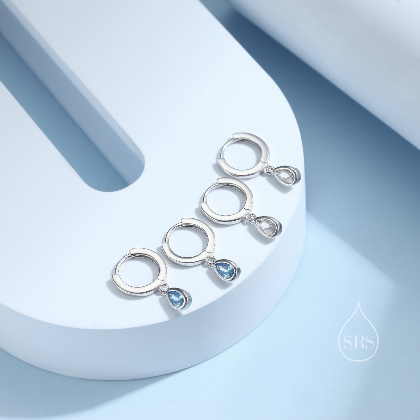 Tiny Aquamarine Blue Droplet CZ Huggie Hoop Earrings in Sterling Silver, Geometric Hoop Earrings