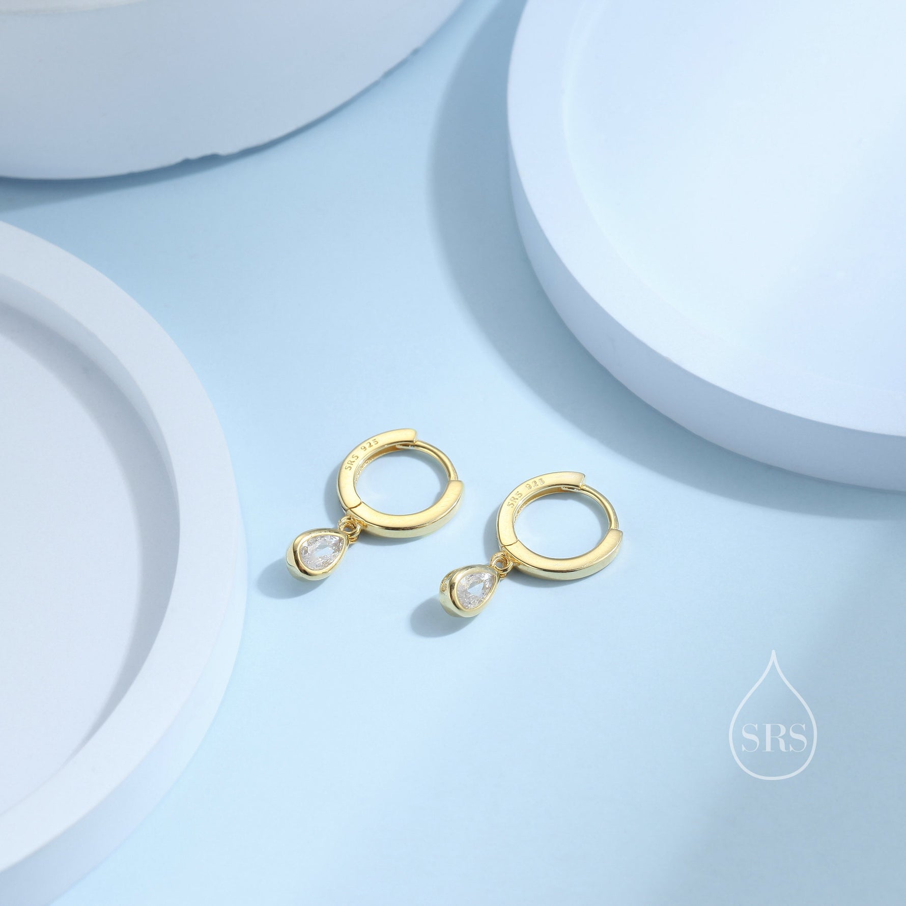 Tiny Droplet CZ Huggie Hoop Earrings in Sterling Silver, Silver or Gold, Geometric Hoop Earrings,