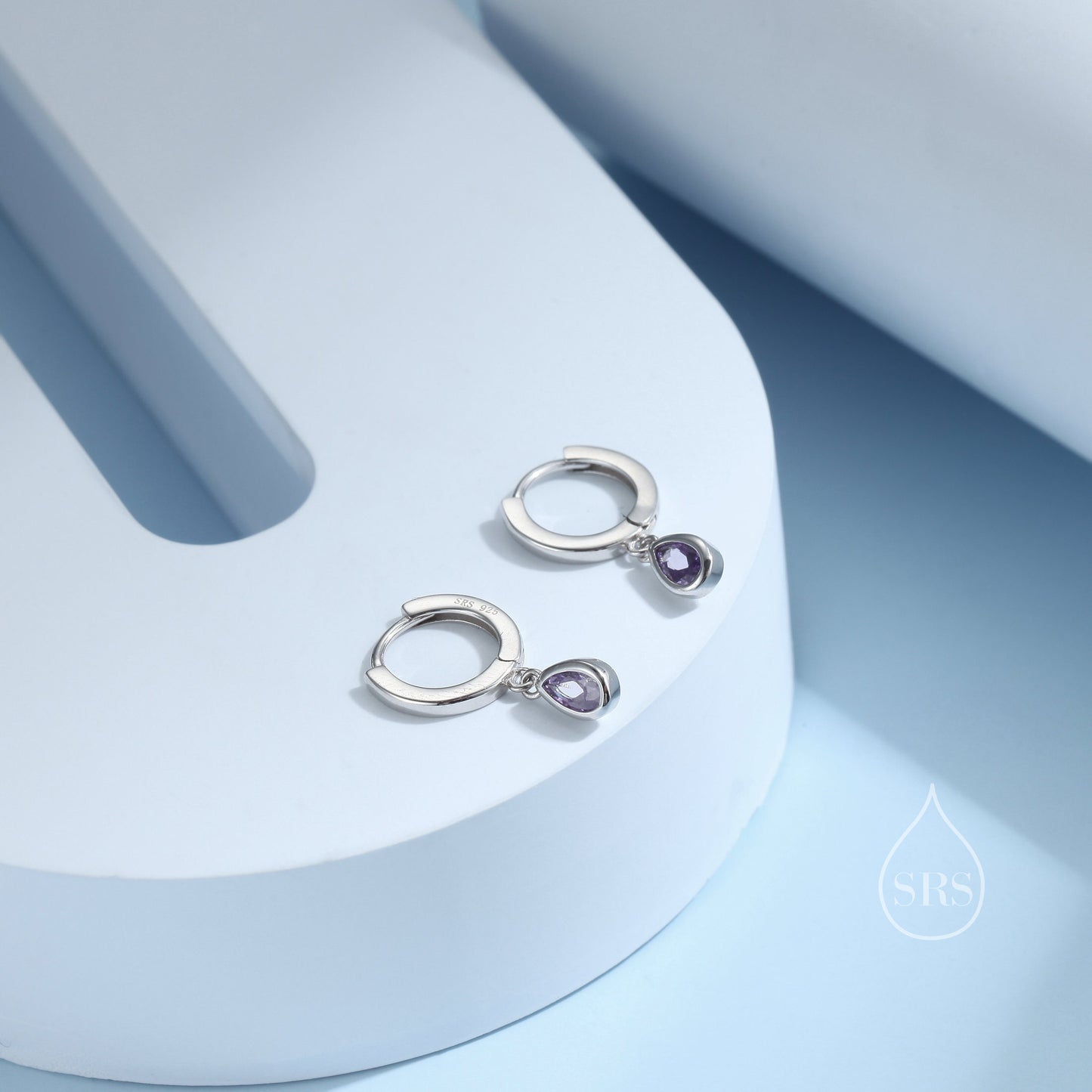 Tiny Amethyst Purple Droplet CZ Huggie Hoop Earrings in Sterling Silver, Silver or Gold, Geometric Hoop Earrings