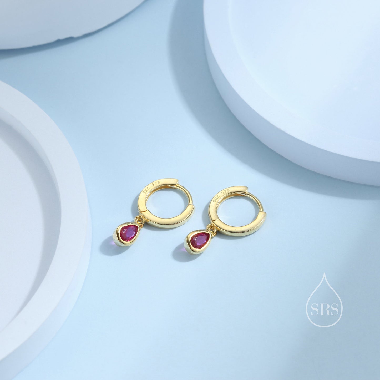 Tiny Ruby Pink Droplet CZ Huggie Hoop Earrings in Sterling Silver, Silver or Gold, Geometric Hoop Earrings, Ruby Red Hoops