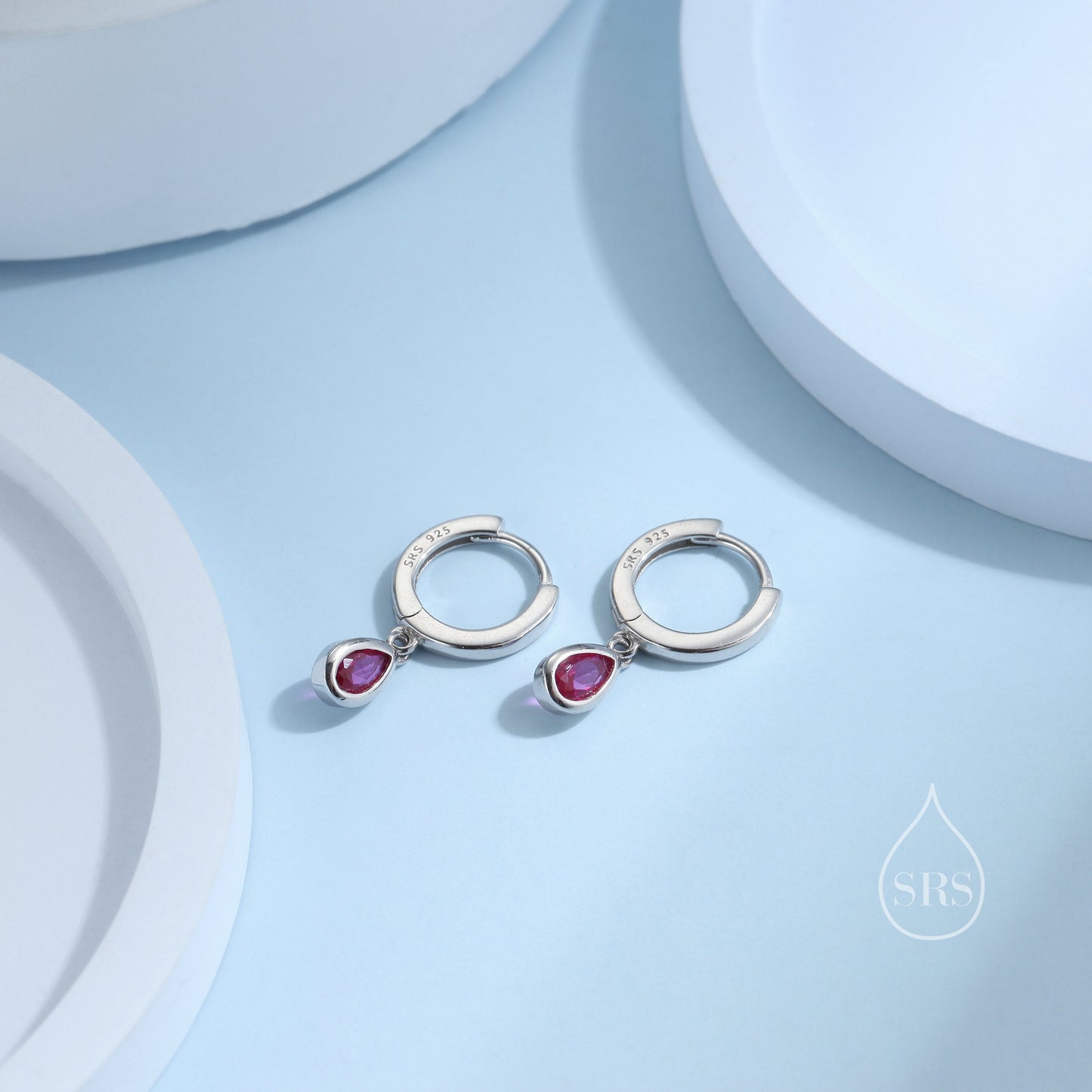 Tiny Ruby Pink Droplet CZ Huggie Hoop Earrings in Sterling Silver, Silver or Gold, Geometric Hoop Earrings, Ruby Red Hoops