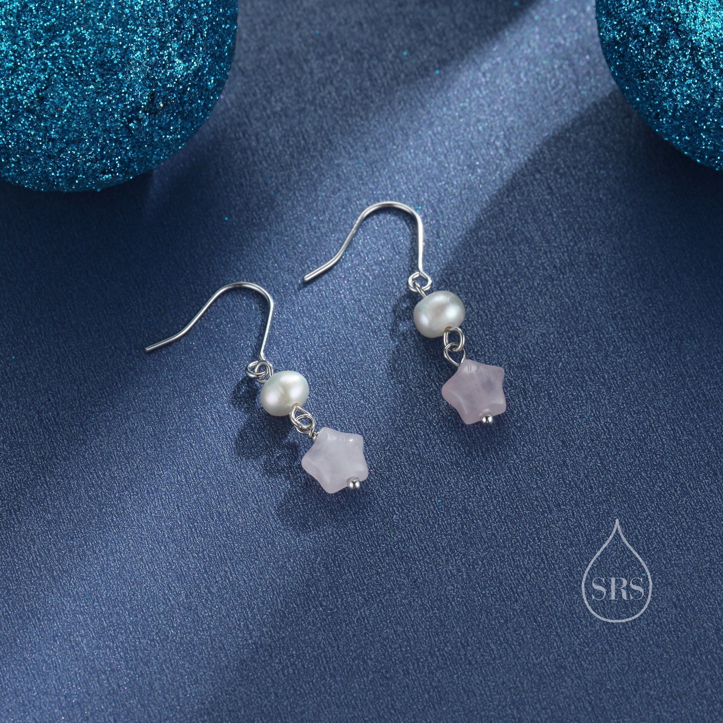 Genuine Rose Quartz Star and Pearl Drop Earrings in Sterling Silver, Natural Pink Quartz and Freshwater Pearl Drop Hook Earrings, Star