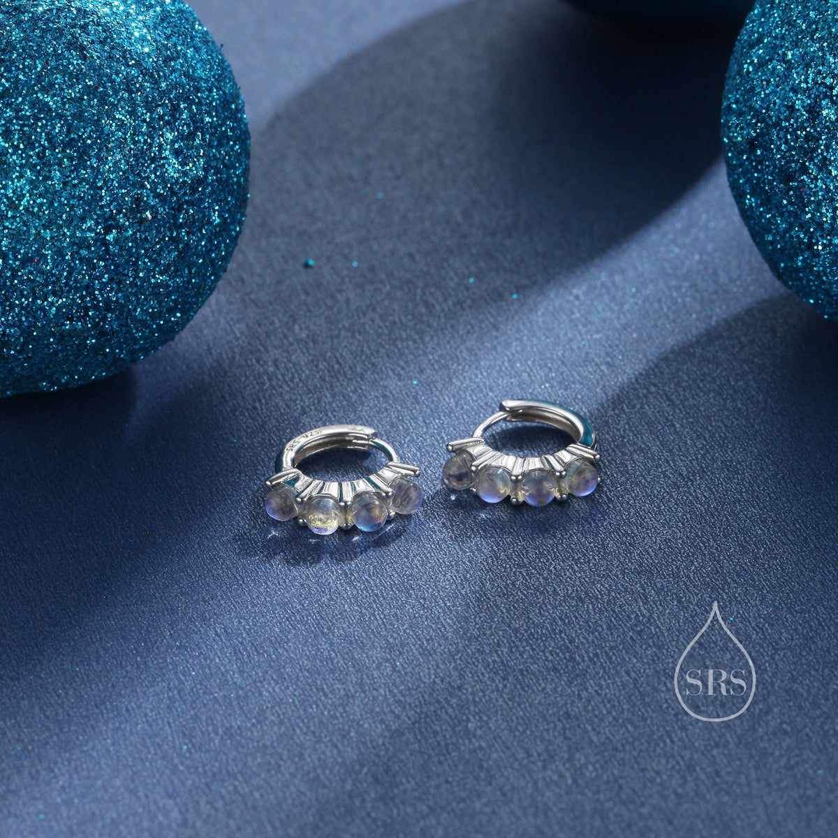 Moonstone Huggie Hoops in Sterling Silver, 8mm Moonstone Hoops, Silver or Gold, Dainty Lab Moonstone Hoops Earrings, Simulated Moonstones