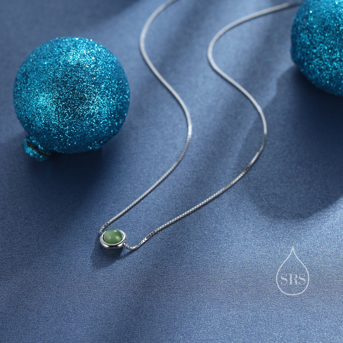 Natural Green Jade Planet Pendant Necklace in Sterling Silver, Beaded Halo Necklace, Space Necklace
