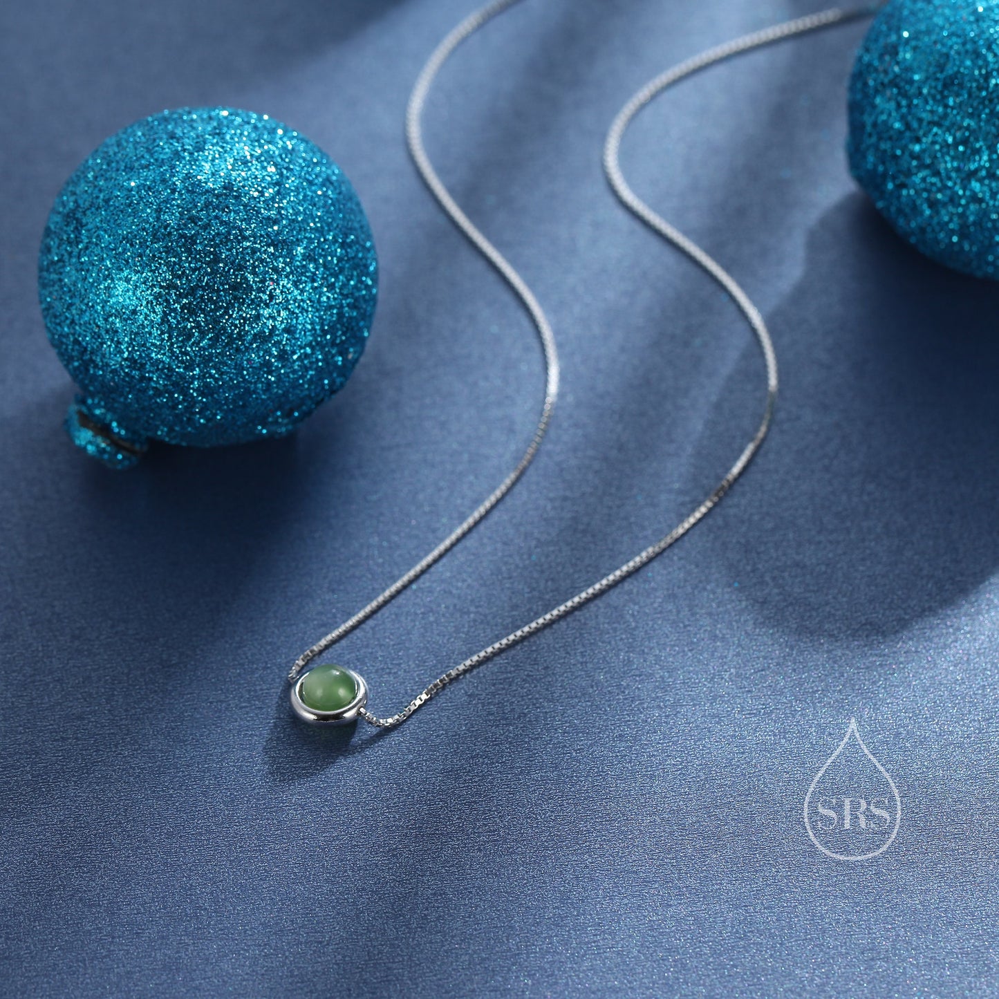 Natural Green Jade Planet Pendant Necklace in Sterling Silver, Beaded Halo Necklace, Space Necklace