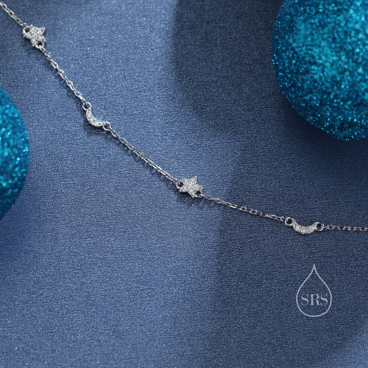 CZ Moon and Star Motif Bracelet in Sterling Silver, Silver, Gold or Rose Gold, Star Bracelet, Star Jewellery, CZ Star Bracelet